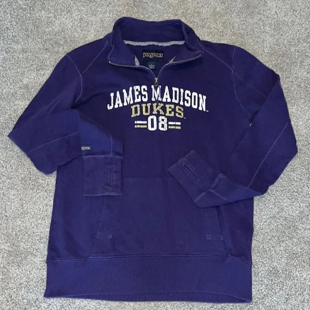 Women’s purple James Madison University JMU Dukes 1/4 sweatshirt thumb cut outs